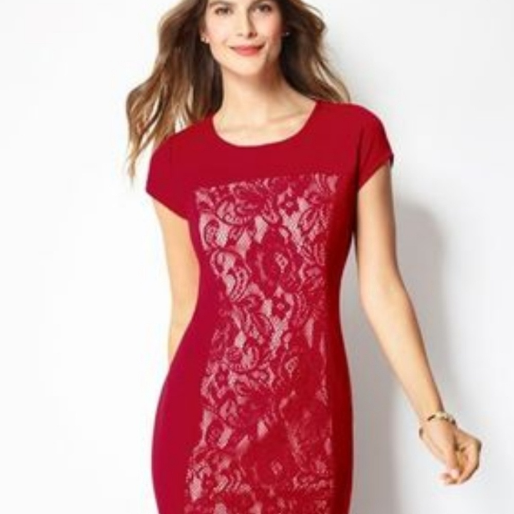 Red dress, with beige backing with Red lace